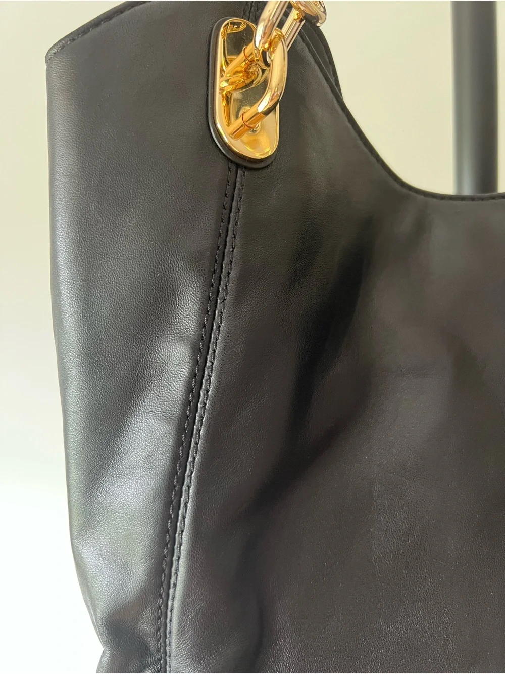 Michael Kors Black Leather Shoulder Tote with Gold Chain Handles